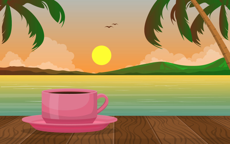 Download Иллюстрация "Tropical Beach with Tea - Illustration" / Tropical Beach with Tea - Illustration - Иллюстрация на тему графика cup,tea,lake,tropical,beach,sunset,view,illustration,birds,palms,clouds,sun,afternoon,sea,ocean,vector,saucer,drink,cafe,organic