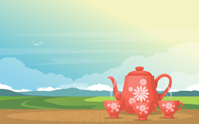 Download Иллюстрация "A Cup of Tea on Table - Illustration" / A Cup of Tea on Table - Illustration - Иллюстрация на тему графика cups,tea,table,outdoor,nature,landscape,sky,view,illustration,vector,sunny,pot,mountain,clouds,drink,cafe,organic,object,beverage,healthy