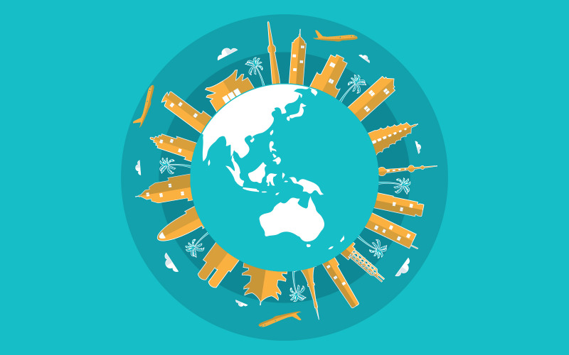 Download Иллюстрация "Asia Country Cities - Illustration" / Asia Country Cities - Illustration - Иллюстрация на тему графика asia,country,cities,travel,world,tourism,day,illustration,vector,concept,flight,flat,destination,template,location,style,poster,landmarks,traveler,cityscape