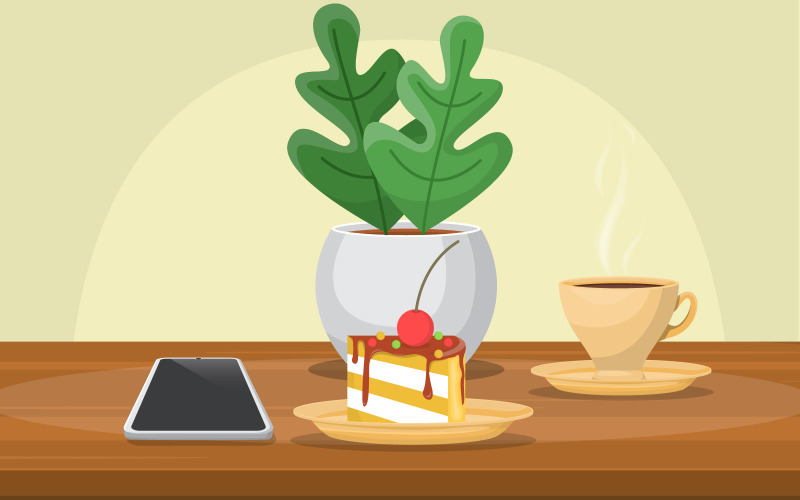 Download Иллюстрация "Cake Coffee Plant - Illustration" / Cake Coffee Plant - Illustration - Иллюстрация на тему графика cake,plant,cup,coffee,table,cafe,restaurant,illustration,vector,gadget,vase,phone,sweet,design,flat,style,background,apartment,wall,comfortable