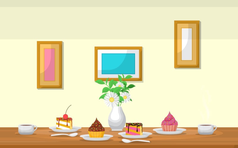 Download Иллюстрация "Cake Flower Cup - Illustration" / Cake Flower Cup - Illustration - Иллюстрация на тему графика cake,flower,cup,coffee,table,cafe,restaurant,illustration,vector,cupcakes,frame,vase,sweet,design,flat,style,background,apartment,wall,comfortable