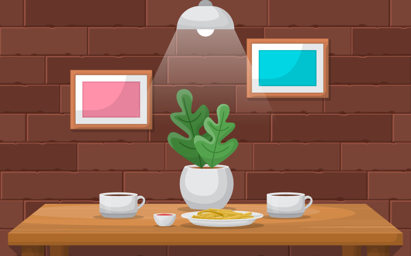 Download Иллюстрация "Cake Plant Coffee - Illustration" / Cake Plant Coffee - Illustration - Иллюстрация на тему графика cake,plant,cup,coffee,table,cafe,restaurant,illustration,vector,lamp,light,wall,bricks,frame,french fries,snack,hanging,sweet,design,flat