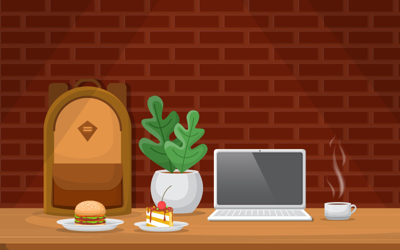 Download Иллюстрация "Cake Plant Cup - Illustration" / Cake Plant Cup - Illustration - Иллюстрация на тему графика cake,plant,cup,coffee,table,cafe,restaurant,illustration,vector,laptop,vase,brick,wall,backpack,burger,sweet,design,flat,style,background