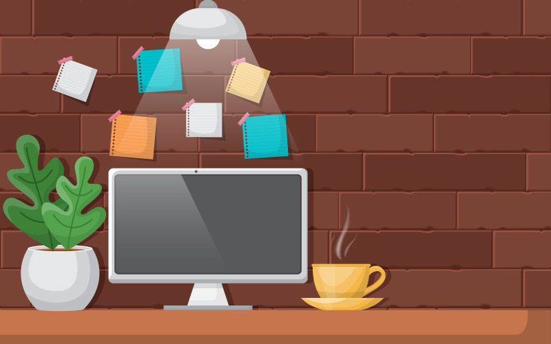 Download Иллюстрация "Coffee Break Time - Illustration" / Coffee Break Time - Illustration - Иллюстрация на тему графика computer,cup,coffee,workbench,office,work,table,illustration,vector,plant,pen,pen box,desktop,personal,sweet,design,flat,style,background,apartment