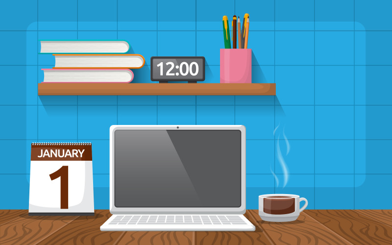 Download Иллюстрация "Cup of Coffee Table - Illustration" / Cup of Coffee Table - Illustration - Иллюстрация на тему графика laptop,cup,coffee,workbench,office,work,table,illustration,vector,gadget,calendar,hot,books,clock,pen box,blue,wall,sweet,design,flat