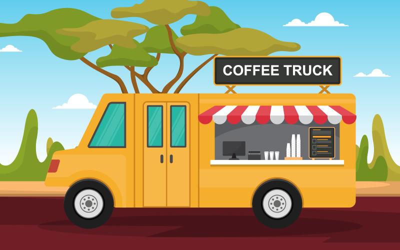 Download Иллюстрация "Food Truck Street - Illustration" / Food Truck Street - Illustration - Иллюстрация на тему графика coffee,cafe,food,truck,van,car,vehicle,street,shop,vector,illustration,merchant,delivery,design,service,outdoor,festival,business,park,event