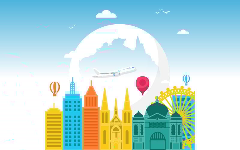 Download Иллюстрация "Melbourne City Australia - Illustration" / Melbourne City Australia - Illustration - Иллюстрация на тему графика melbourne,city,australia,travel,world,tourism,day,illustration,vector,concept,flight,flat,destination,template,location,style,poster,landmarks,traveler,cityscape