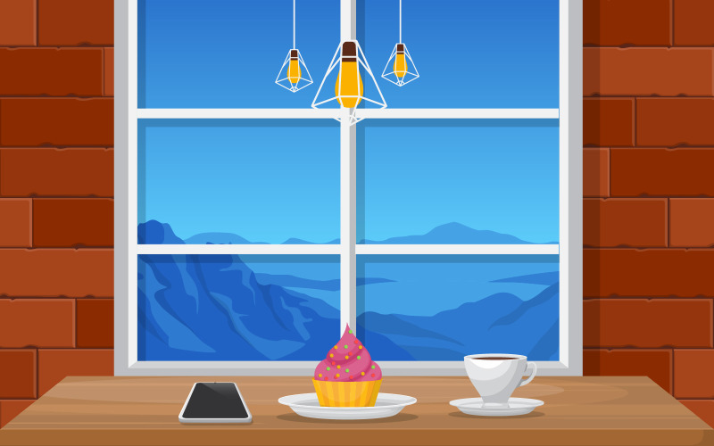 Download Иллюстрация "Office Coffee Break - Illustration" / Office Coffee Break - Illustration - Иллюстрация на тему графика computer,cup,coffee,workbench,office,work,table,illustration,vector,bricks,wall,notes,hanging,lamp,desktop,plant,sweet,design,flat,style