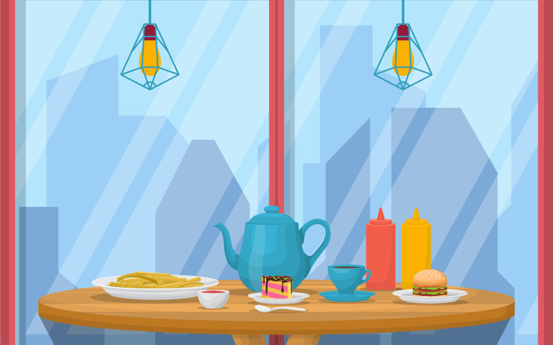Download Иллюстрация "Restaurant Snack Coffee - Illustration" / Restaurant Snack Coffee - Illustration - Иллюстрация на тему графика snack,table,cafe,restaurant,skyscraper,view,ill,city,illustration,vector,lamp,pot,sauce,ketchup,mustard,mayonnaise,bottle,cake,burger,french fries