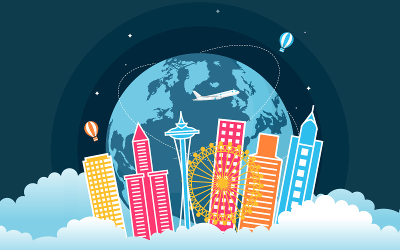 Download Иллюстрация "Seattle City Washington - Illustration" / Seattle City Washington - Illustration - Иллюстрация на тему графика seattle,city,washington,united,states,amerca,travel,world,tourism,day,illustration,vector,concept,flight,flat,destination,template,location,style,poster