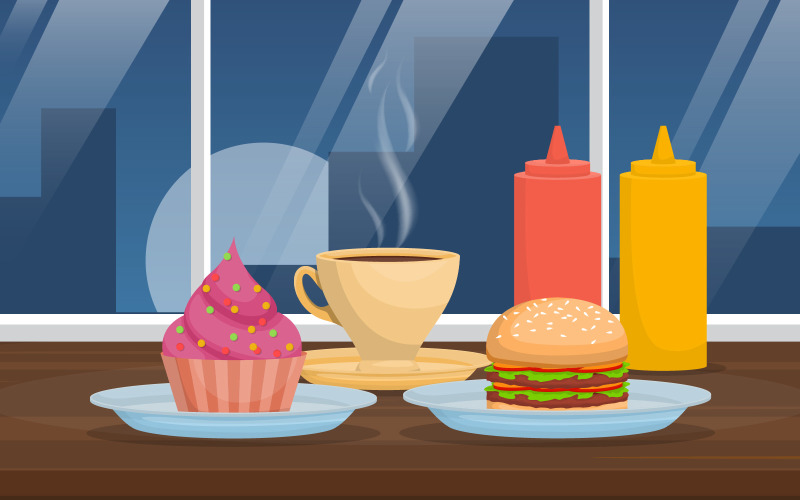 Download Иллюстрация "Snack on Table Restaurant - Illustration" / Snack on Table Restaurant - Illustration - Иллюстрация на тему графика snack,table,cafe,restaurant,skyscraper,view,ill,city,illustration,vector,hot,cupcake,ketchup,bottles,mustard,meal,windows,night,sweet,design