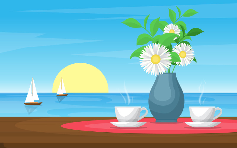 Download Иллюстрация "Sunset View Teatime - Illustration" / Sunset View Teatime - Illustration - Иллюстрация на тему графика cups,tea,table,sea,view,sunset,sailing,boat,illustration,vector,vase,saucer,flowers,boats,hot,sun,drink,cafe,organic,nature