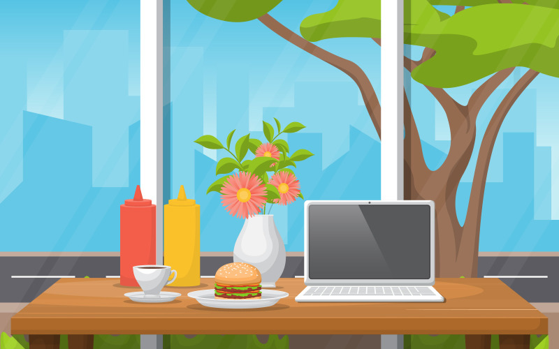 Download Иллюстрация "Table Cafe Snack - Illustration" / Table Cafe Snack - Illustration - Иллюстрация на тему графика snack,table,cafe,restaurant,skyscraper,view,ill,city,illustration,vector,tree,flower,plant,ketchup,bottle,mustard,burger,meal,sweet,design