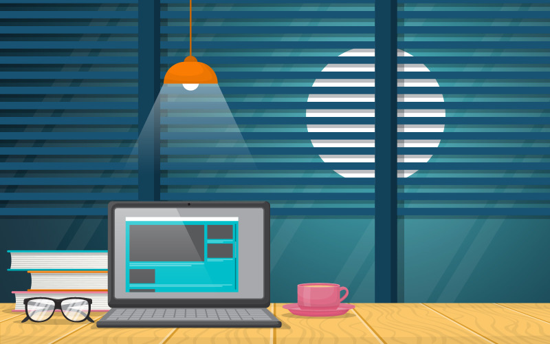 Download Иллюстрация "Table Work Office - Illustration" / Table Work Office - Illustration - Иллюстрация на тему графика laptop,cup,coffee,workbench,office,work,table,illustration,vector,gadget,windows,open,blinds,moon,full,hanging,lamp,books,eyeglasses,business