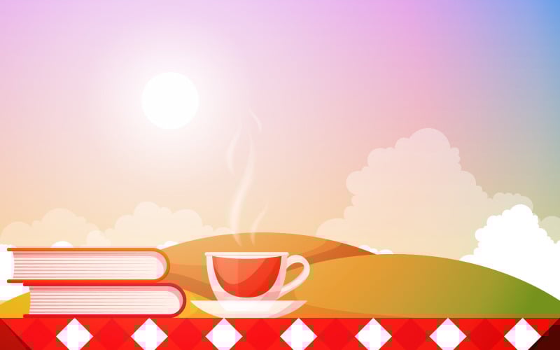 Download Иллюстрация "Teatime Sky View - Illustration" / Teatime Sky View - Illustration - Иллюстрация на тему графика cups,tea,table,outdoor,nature,landscape,sky,view,illustration,vector,books,clouds,hills,sunny,saucer,drink,cafe,organic,object,beverage