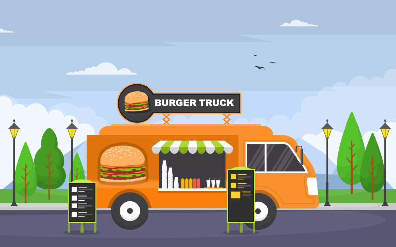 Download Иллюстрация "Vehicle Street Shop - Illustration" / Vehicle Street Shop - Illustration - Иллюстрация на тему графика burger,fast,food,truck,van,car,street,shop,vector,illustration,merchant,delivery,design,service,outdoor,festival,business,park,event,vendor