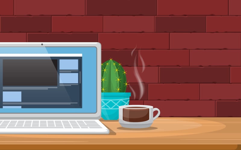 Download Иллюстрация "Work Office Coffee - Illustration" / Work Office Coffee - Illustration - Иллюстрация на тему графика laptop,cup,coffee,workbench,office,work,table,illustration,vector,gadget,cactus,hot,bricks,wall,saucer,vase,sweet,design,flat,style