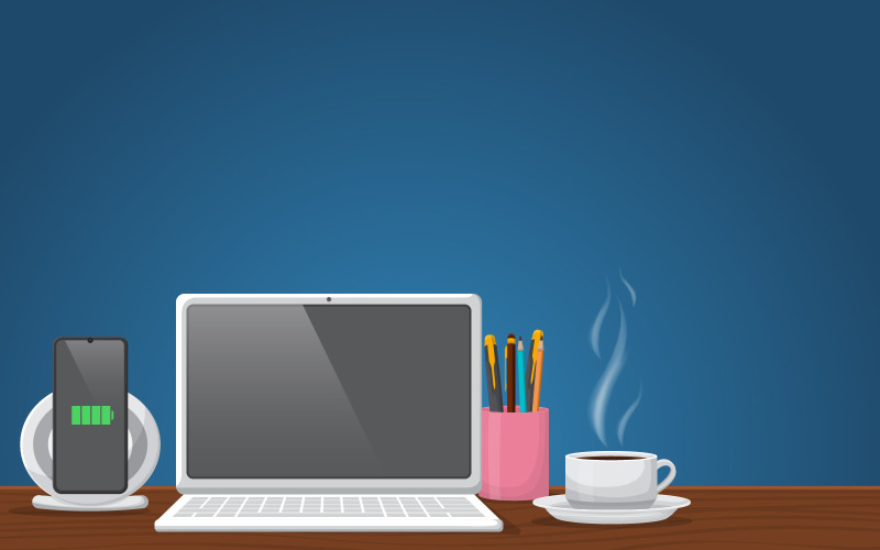 Download Иллюстрация "Workbench Office Work - Illustration" / Workbench Office Work - Illustration - Иллюстрация на тему графика laptop,cup,coffee,workbench,office,work,table,illustration,vector,gadget,pen box,charger,phone,full,battery,hot,saucer,sweet,design,flat