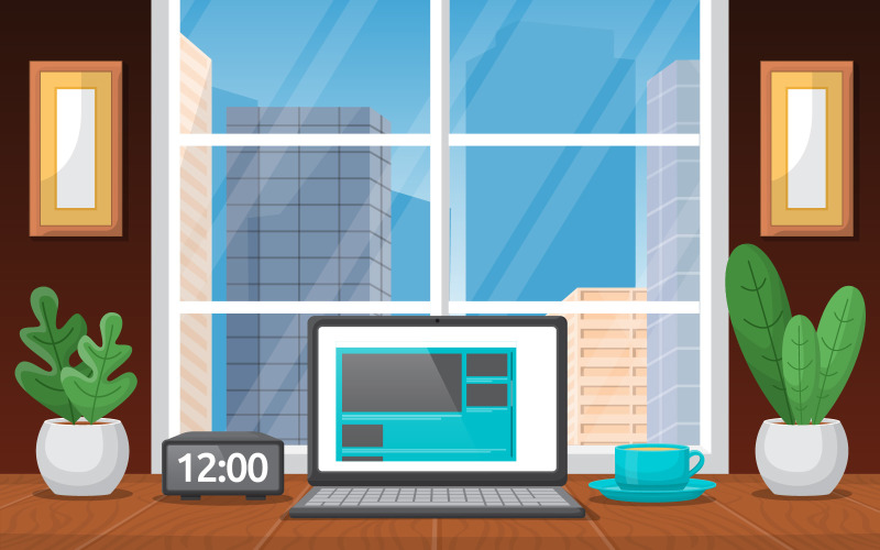 Download Иллюстрация "Workbench Work Office - Illustration" / Workbench Work Office - Illustration - Иллюстрация на тему графика laptop,cup,coffee,workbench,office,work,table,illustration,vector,gadget,windows,skyscraper,alarm,clock,plants,fresh,vase,saucer,frame,sky