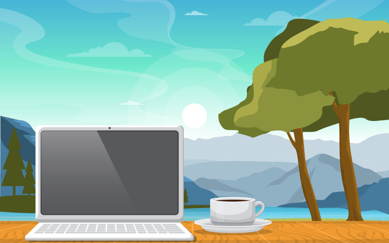 Download Иллюстрация "Working with a Cup of Tea - Illustration" / Working with a Cup of Tea - Illustration - Иллюстрация на тему графика working,with,cup,tea,table,mountain,lake,view,illustration,vector,laptop,saucer,mountains,fresh,tree,sun,drink,cafe,organic,nature
