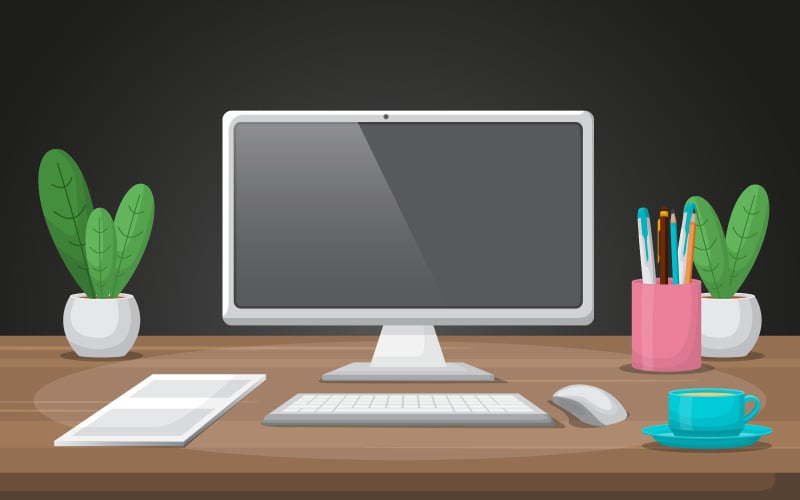 Download Иллюстрация "Working with Cup of Coffee - Illustration" / Working with Cup of Coffee - Illustration - Иллюстрация на тему графика computer,cup,coffee,workbench,office,work,table,illustration,vector,bricks,wall,books,personal,eyeglass,notes,sweet,design,flat,style,background