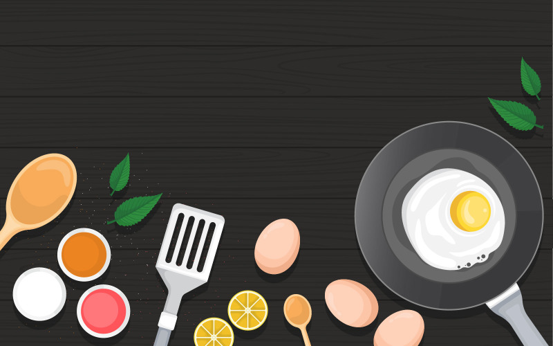 Download Иллюстрация "Black Wooden Table - Illustration" / Black Wooden Table - Illustration - Иллюстрация на тему графика eggs,vegetables,cooking,black,wooden,table,kitchen,backdrop,illustration,vector,spatula,spoon,ladle,herbs,egg,fried,teflon,sauce,lemon,mint