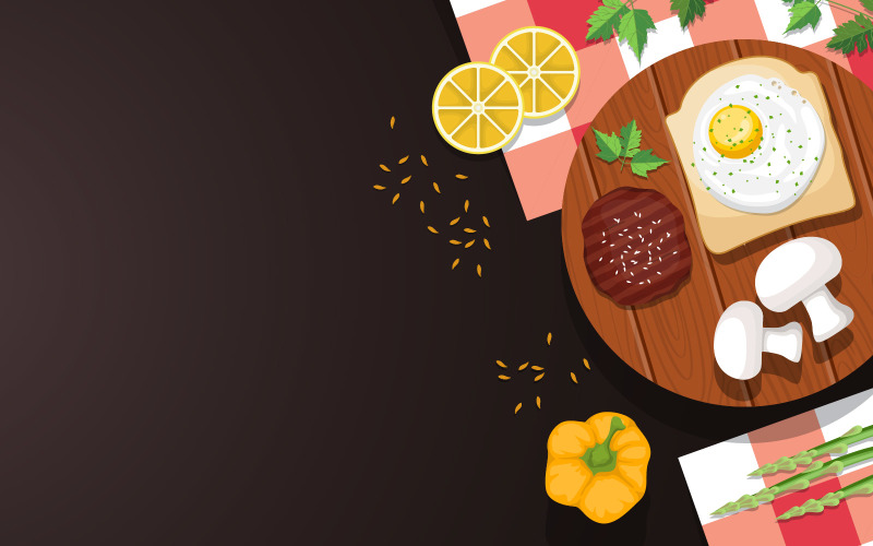 Download Иллюстрация "Breakfast Bread Meat - Illustration" / Breakfast Bread Meat - Illustration - Иллюстрация на тему графика egg,brad,meat,cooking,table,kitchen,backdrop,illustration,vector,lemon,fried,bread,mushroom,paprika,asparagus,cumin,coriander,celery,sesame,fennel