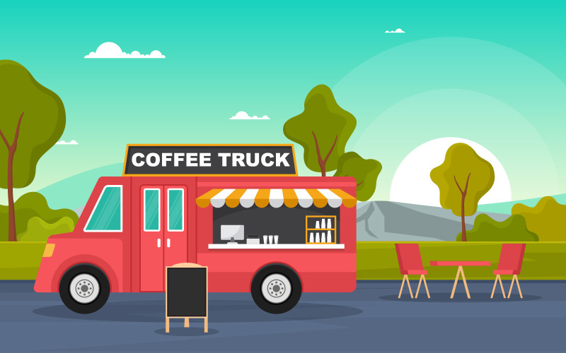 Download Иллюстрация "Coffee Truck Car - Illustration" / Coffee Truck Car - Illustration - Иллюстрация на тему графика coffee,cafe,food,truck,van,car,vehicle,street,shop,vector,illustration,merchant,delivery,design,service,outdoor,festival,business,park,event