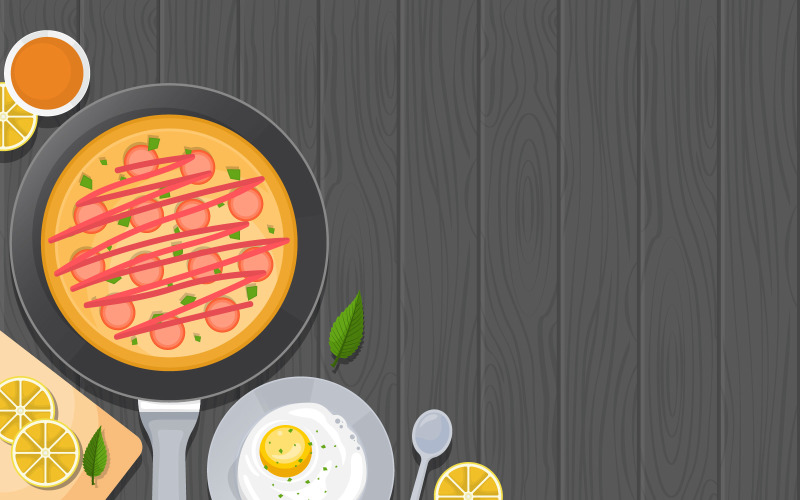 Download Иллюстрация "Cooking Wooden Table - Illustration" / Cooking Wooden Table - Illustration - Иллюстрация на тему графика eggs,pizza,cooking,wooden,table,kitchen,backdrop,illustration,vector,teflon,plate,fried,egg,leaves,lemon,mint,herb,spoon,tea,sauce
