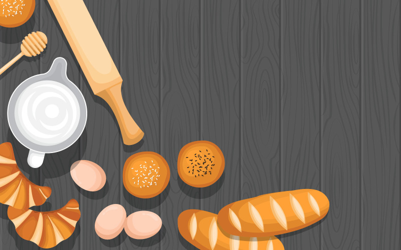 Download Иллюстрация "Dark Wooden Table - Illustration" / Dark Wooden Table - Illustration - Иллюстрация на тему графика bread,food,utensil,cooking,wooden,table,kitchen,backdrop,illustration,vector,milk,honeycomb,rolling,pin,croissants,muffin,water,coconut,background,equipment