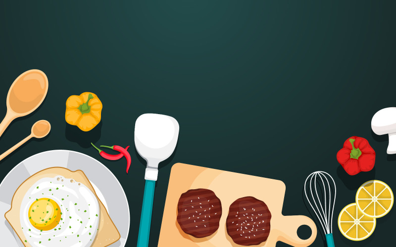 Download Иллюстрация "Egg Bread Backdrop - Illustration" / Egg Bread Backdrop - Illustration - Иллюстрация на тему графика egg,brad,utensil,cooking,table,kitchen,backdrop,illustration,vector,plate,whisk,spatula,ladle,spoon,teaspoon,meat,cutting,board,yellow,red