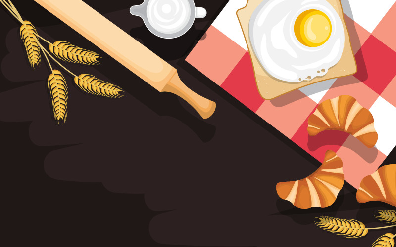 Download Иллюстрация "Egg Bread Photograph - Illustration" / Egg Bread Photograph - Illustration - Иллюстрация на тему графика egg,bread,food,utensil,cooking,table,kitchen,backdrop,illustration,vector,rolling,pin,coconut,milk,water,fried,wheat,croissants,background,equipment