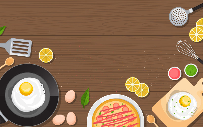 Download Иллюстрация "Egg Pizza Kitchen - Illustration" / Egg Pizza Kitchen - Illustration - Иллюстрация на тему графика eggs,pizza,cooking,wooden,table,kitchen,backdrop,illustration,vector,whisk,teflon,plate,tea,spoon,cutting,board,spatula,drainer,lemon,herbs