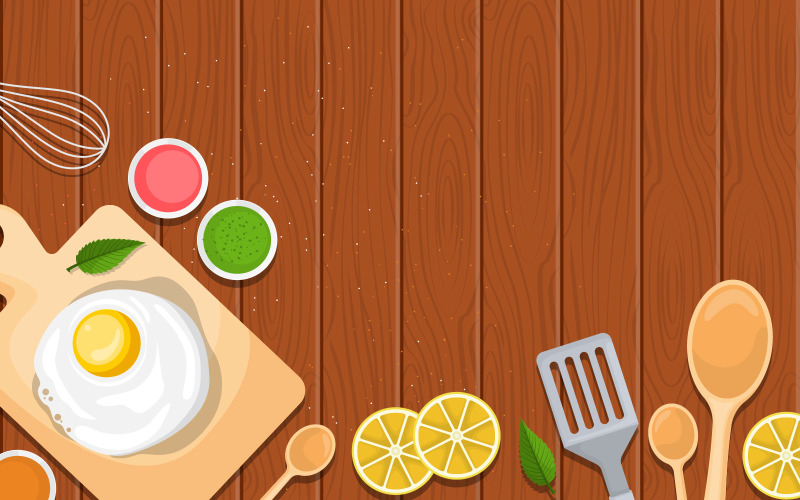 Download Иллюстрация "Egg Utensil Cooking - Illustration" / Egg Utensil Cooking - Illustration - Иллюстрация на тему графика egg,utensil,cooking,wooden,table,kitchen,backdrop,illustration,vector,fried,spatula,spoon,tea,whisk,herb,lemon,mint,leaves,cutting,board