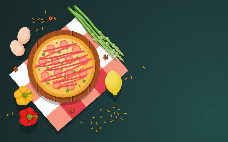 Download Иллюстрация "Eggs Pizza Vegetables - Illustration" / Eggs Pizza Vegetables - Illustration - Иллюстрация на тему графика egg,pizza,vegetables,cooking,kitchen,table,backdrop,illustration,vector,asparagus,cumin,lemon,paprika,star anise,anise,fennel,background,equipment,eat,delicious