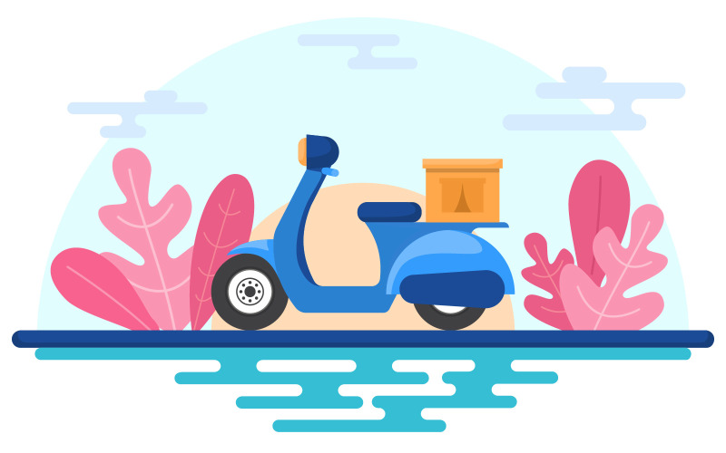 Download Иллюстрация "Express Delivery Service - Illustration" / Express Delivery Service - Illustration - Иллюстрация на тему графика express,delivery,service,food,shipping,scooter,motorcycle,illustration,vector,online,order,restaurant,deliver,moped,fast,quick,meal,motorbike,street,takeout