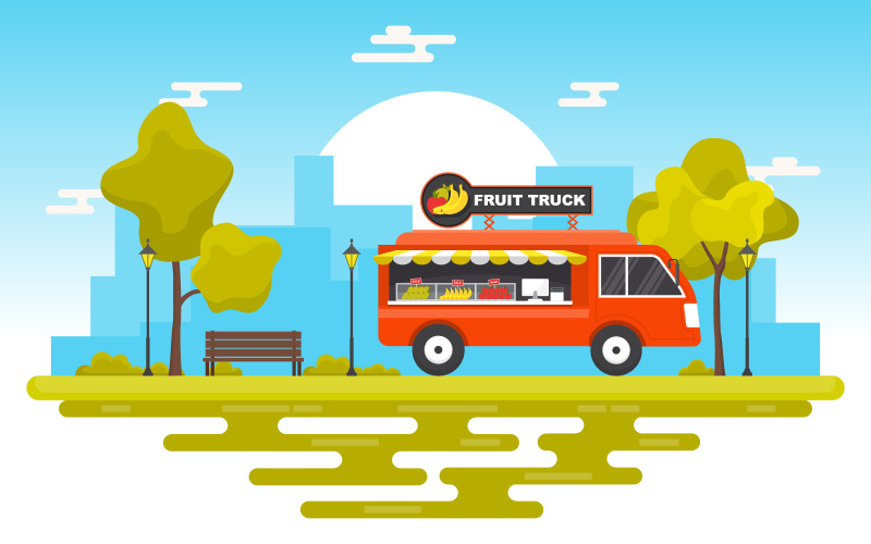 Download Иллюстрация "Fruit Food Truck - Illustration" / Fruit Food Truck - Illustration - Иллюстрация на тему графика fruit,food,truck,van,vehicle,street,shop,car,vector,illustration,merchant,delivery,design,service,outdoor,festival,business,park,event,vendor