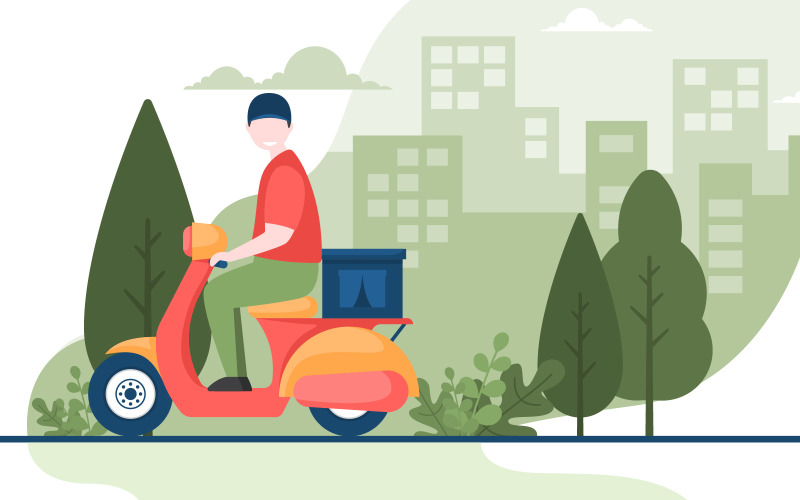 Download Иллюстрация "Man Delivery Service - Illustration" / Man Delivery Service - Illustration - Иллюстрация на тему графика man,riding,scooter,motorcycle,express,delivery,food,shipping,service,online,order,restaurant,city,deliver,moped,fast,quick,meal,motorbike,street