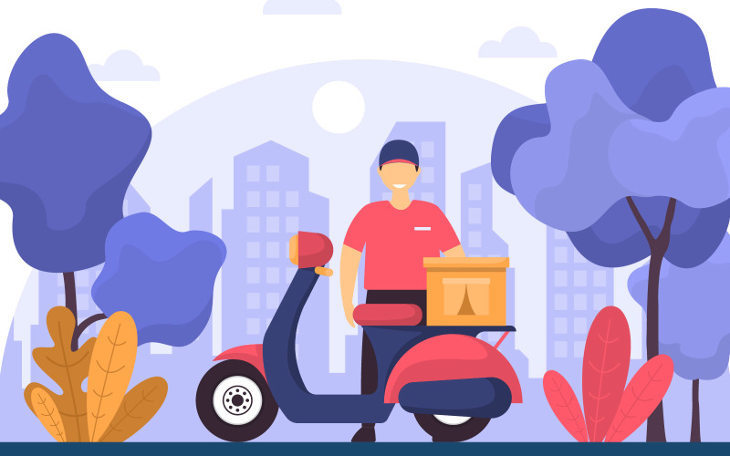 Download Иллюстрация "Motorcycle Express Delivery - Illustration" / Motorcycle Express Delivery - Illustration - Иллюстрация на тему графика man,scooter,motorcycle,express,delivery,service,food,shipping,illustration,vector,app,online,order,restaurant,deliver,moped,fast,quick,meal,motorbike