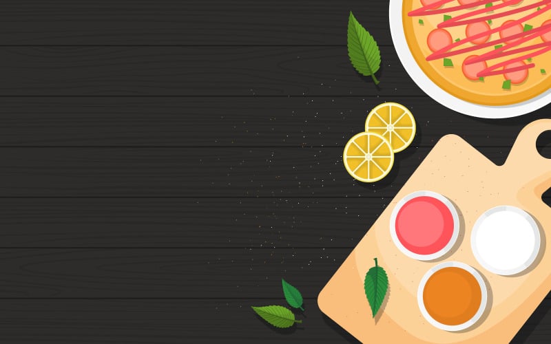 Download Иллюстрация "Pizza Black Wooden Table - Illustration" / Pizza Black Wooden Table - Illustration - Иллюстрация на тему графика pizza,cooking,black,wooden,table,kitchen,backdrop,illustration,vector,cutting,boars,herbs,plate,mint,leaves,sauce,seasoning,turmeric,chili,pepper