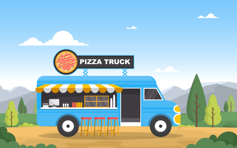 Download Иллюстрация "Pizza Fast Truck - Illustration" / Pizza Fast Truck - Illustration - Иллюстрация на тему графика pizza,fast,food,truck,van,car,vehicle,street,shop,vector,illustration,merchant,delivery,design,service,outdoor,festival,business,park,event