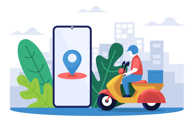 Download Иллюстрация "Riding Delivery Scooter - Illustration" / Riding Delivery Scooter - Illustration - Иллюстрация на тему графика map,riding,scooter,delivery,service,food,shipping,mobile,application,vector,app,online,order,restaurant,city,deliver,moped,fast,quick,gps