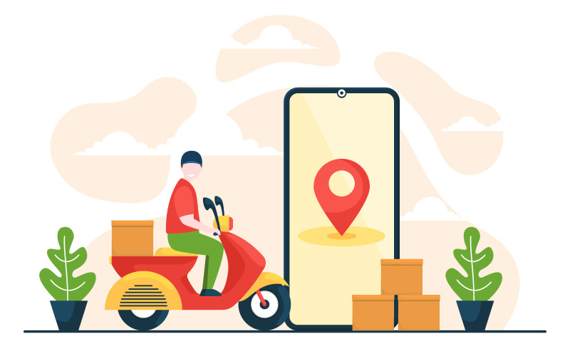 Download Иллюстрация "Riding Scooter Delivery - Illustration" / Riding Scooter Delivery - Illustration - Иллюстрация на тему графика map,riding,scooter,delivery,service,food,shipping,mobile,application,vector,app,online,order,restaurant,city,deliver,moped,fast,quick,gps