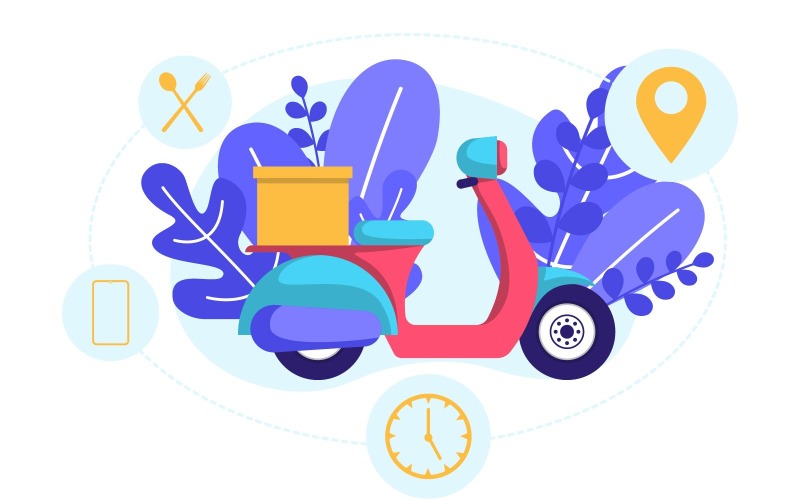 Download Иллюстрация "Scooter Food Delivery - Illustration" / Scooter Food Delivery - Illustration - Иллюстрация на тему графика scooter,motorcycle,delivery,service,food,shipping,mobile,application,illustration,vector,app,online,order,restaurant,city,deliver,moped,fast,quick,gps