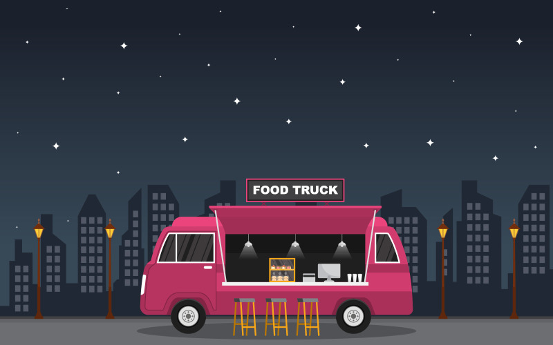 Download Иллюстрация "Street Food Night - Illustration" / Street Food Night - Illustration - Иллюстрация на тему графика food,truck,van,car,street,shop,night,vector,illustration,merchant,delivery,design,service,outdoor,festival,business,park,event,vendor,hipster
