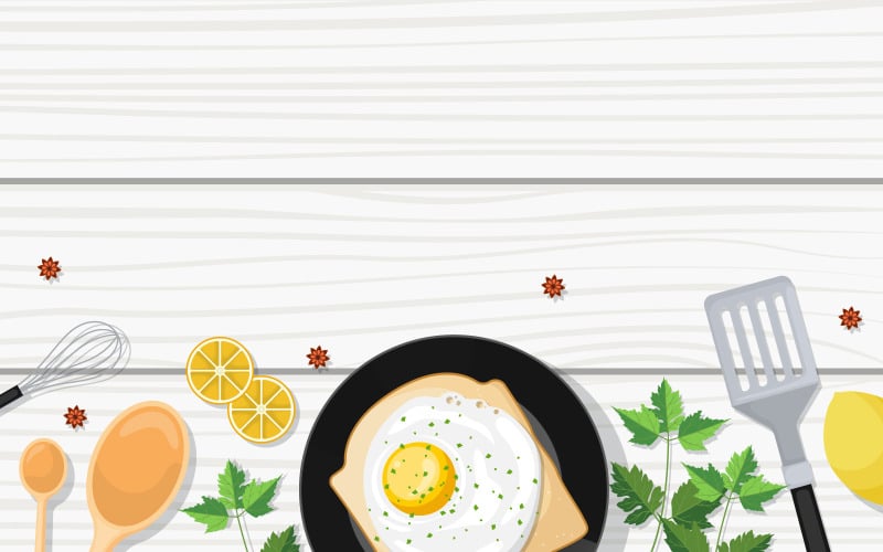 Download Иллюстрация "White Wooden Backdrop - Illustration" / White Wooden Backdrop - Illustration - Иллюстрация на тему графика eggs,bread,cooking,white,wooden,table,kitchen,backdrop,illustration,vector,fried,teflon,spatula,spoon,tea,whisk,lemon,star,anise,coriander