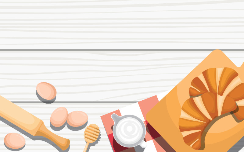 Download Иллюстрация "White Wooden Table - Illustration" / White Wooden Table - Illustration - Иллюстрация на тему графика bread,food,utensil,cooking,wooden,table,kitchen,backdrop,illustration,vector,croissant,whisk,rolling,pin,milk,saucer,wheat,coconut,water,honeycomb