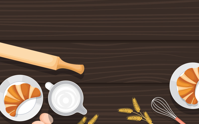 Download Иллюстрация "Wooden Table Food - Illustration" / Wooden Table Food - Illustration - Иллюстрация на тему графика bread,food,utensil,cooking,wooden,table,kitchen,backdrop,illustration,vector,rolling,pin,croissants,wheat,coconut,milk,water,whisk,saucer,background