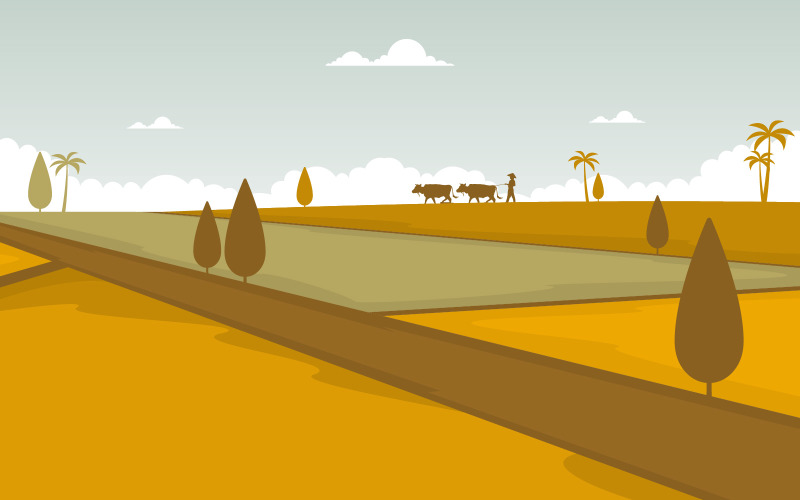Download Иллюстрация "Asian Cultivating Paddy - Illustration" / Asian Cultivating Paddy - Illustration - Иллюстрация на тему графика asian,rice,field,golden,paddy,plantation,ready,harvest,illustration,vector,farmer,village,landscape,farm,road,background,hills,path,asia,dirt