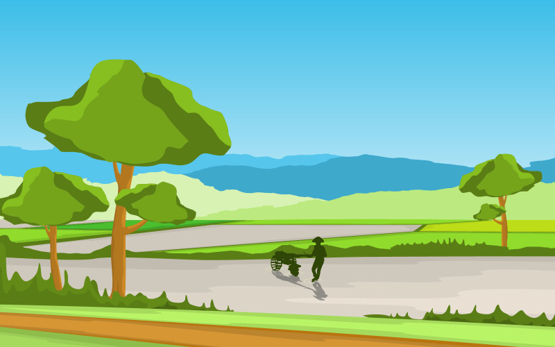 Download Иллюстрация "Asian Farmer Cultivating - Illustration" / Asian Farmer Cultivating - Illustration - Иллюстрация на тему графика asian,farmer,cultivating,rice,field,paddy,plantation,agriculture,illustration,vector,village,landscape,farm,road,background,hills,path,asia,dirt,garden